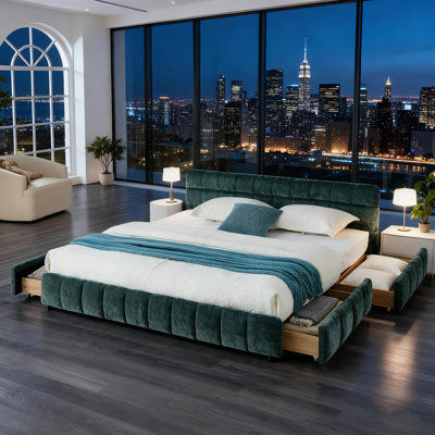 Chenille Checkerboard Upholstered Platform Bed with Storage Drawers
