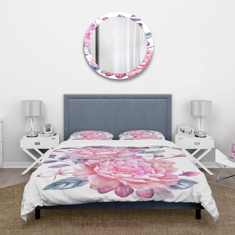 Fleurs roses rétro avec feuilles bleues - ensemble de housse de couette traditionnel - microfibre de polyester
