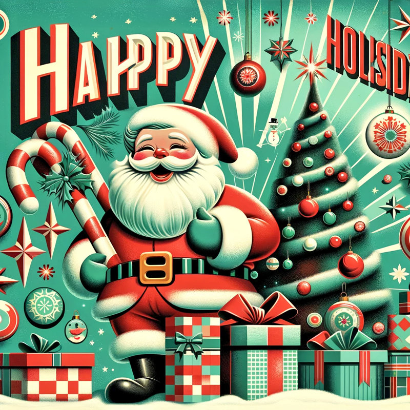 Art rétro sur toile, père Noël avec arbre de Noël et joyeuses fêtes, H 12 po x l 12 po x P 1 po