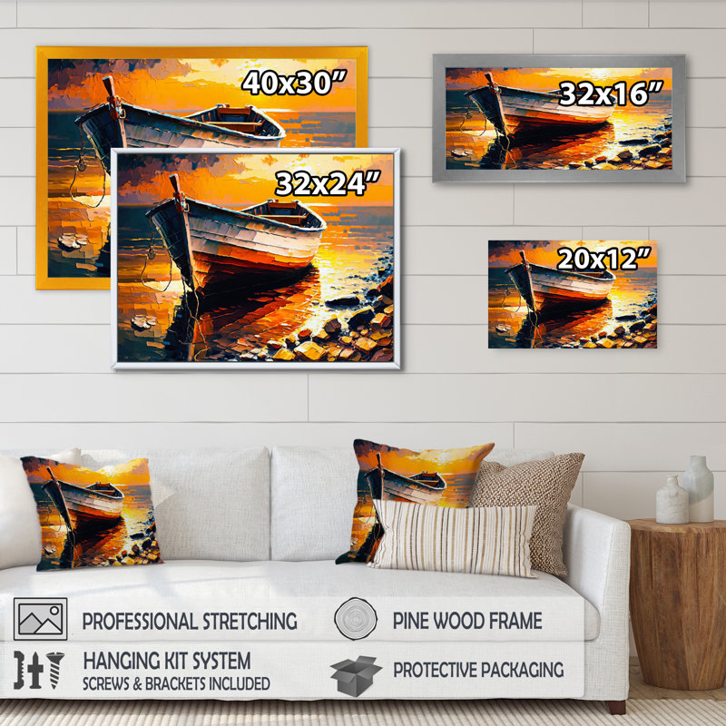 " Boat On Shore II ", Black Picture Framed Canvas, 12" H x 20" W x 1" D