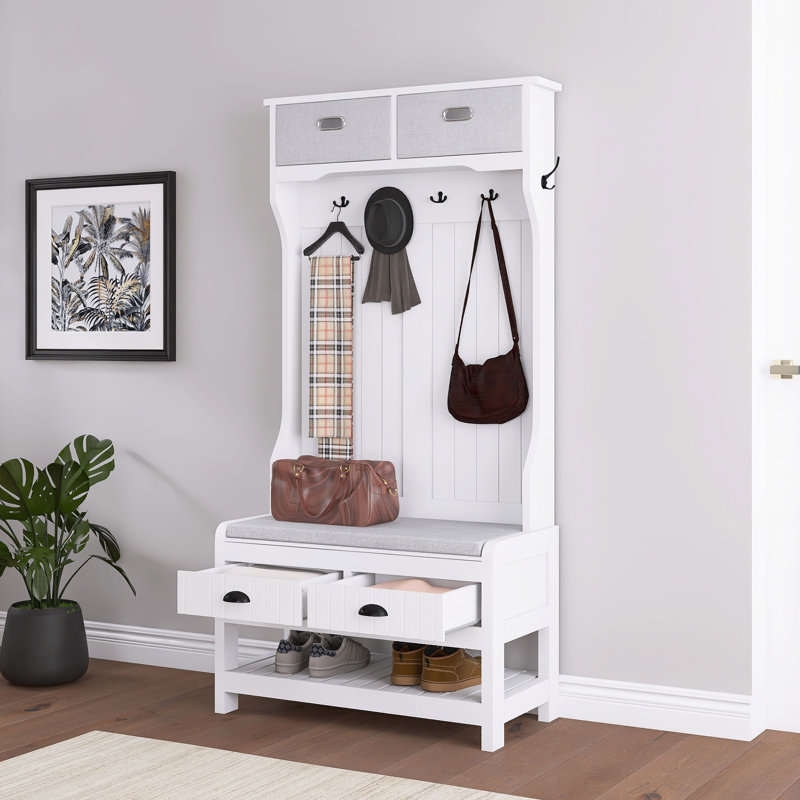 69 In. Black MDF Hall Tree With 6 Hooks And Hinged Lid, Blanc