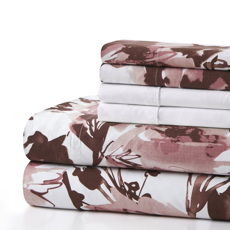 Queen Pink Floral Polyester Bamboo Deep Pocket Sheet Set