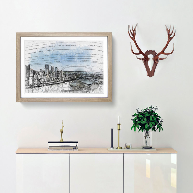Skyline of Pittsburgh Pennsylvania in Abstract - Picture Frame Graphic Art Print, Oak Framed, 62cm H x 87cm W x 2cm D