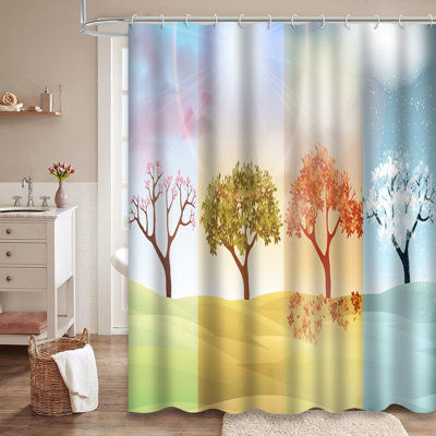 Four Seasons Abstract Trees Hills Banner Shower Curtain with 12 Hooks