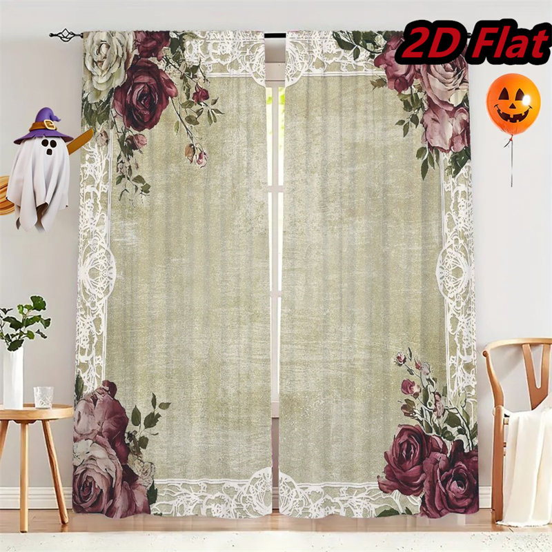 2Pcs Vintage Rose Floral Window Curtains Elegant Victorian Style Panels With Lace Border Home Decor Drapes For Bedroom Living Room Kitchen Dining Rod Pocket Design Burgundy Flower Pattern Office Partition