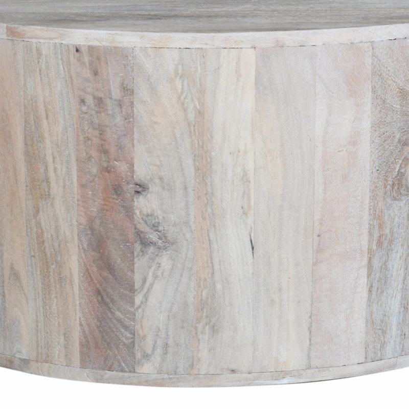 Table basse 36 pouces, forme de tambour fabriqué à la main, bois de manguier blanc délavé sablé