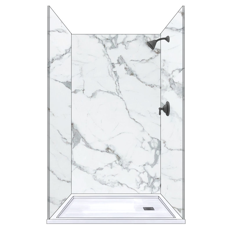 Polymarm 48" W 80" H 36" D Three Wall Composite Shower Wall Panel Surround, Calacatta Grey