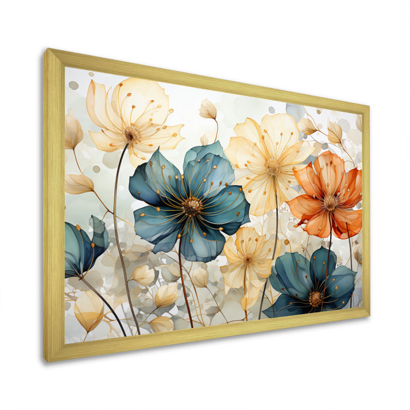 «Teal Orange Petal Mosaics I», art mural abstrait botanique pour le salon, H 30 po x l 40 po, Cadre photo unique, Gold