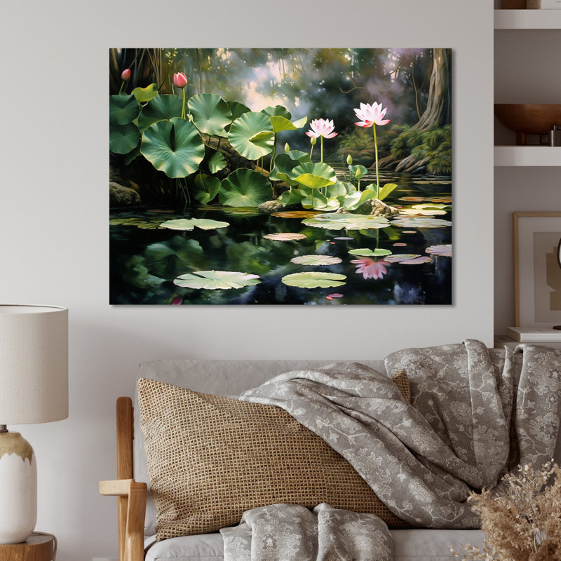 Étangs de lotus verts et roses - impression florale sur métal, H 30 po x l 40 po x P 1 po