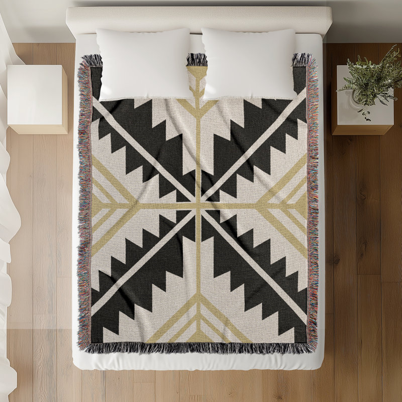 Jeté en mélange de coton Tala South Western, Noir / or terne / blanc cassé, L 80 po x l 60 po