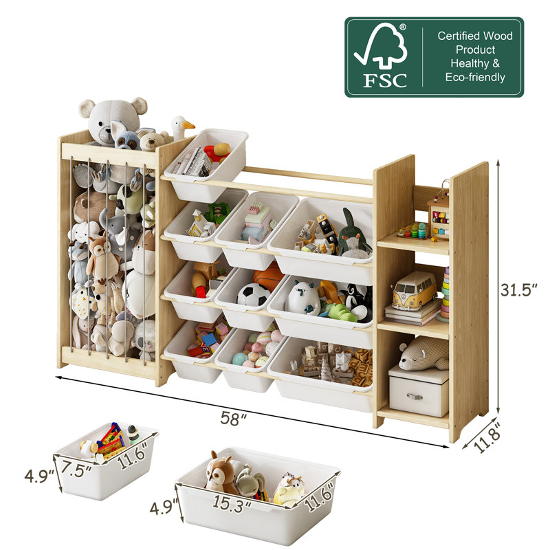 Stuffed Animal Storage & Toy Organizer – Solid Wood Kids Shelf with 9 Pull-Out Bins, Display Shelf & Quick Assembly – Space-Saving Playroom Furniture for Daycare, Nursery & Bedroom