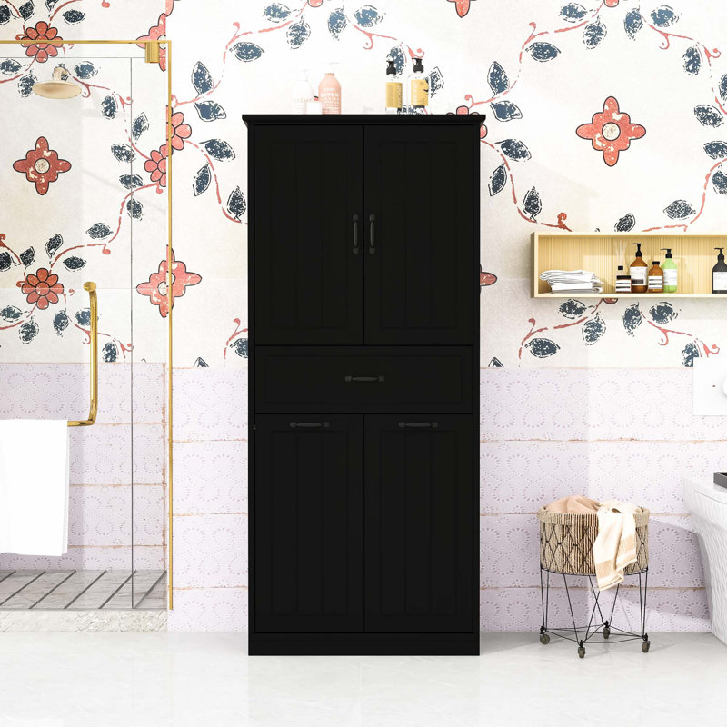 Armoire de rangement pour salle de bain avec deux paniers à linge amovibles, tablettes réglables et tiroir, Noir