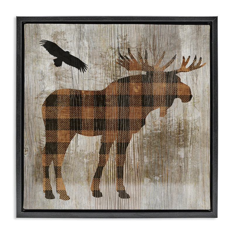 Orignal à carreaux et aigle, Cadre flottant noir de jais, 18" H x 18" W