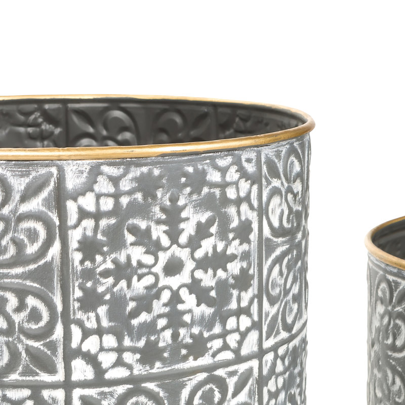 Bantu Round Metal Modern Indoor Pot Planter Set, Gray/White