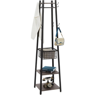 Industrial Style Freestanding Coat Rack: Hall Tree with Storage Shelves, Metal Basket & 8 Hooks