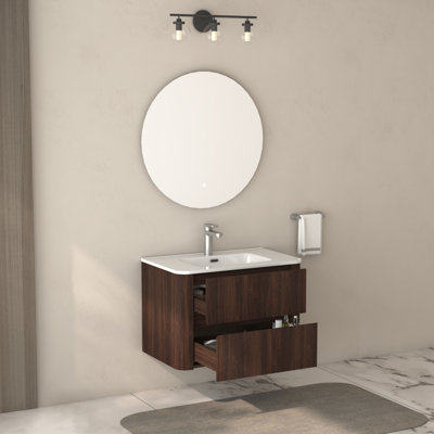 Meuble-lavabo de 30 po avec deux tiroirs et lavabo intégré en céramique blanche, fixation murale, noyer foncé, style américain, tiroirs à fermeture en douceur faciles à entretenir, contreplaqué