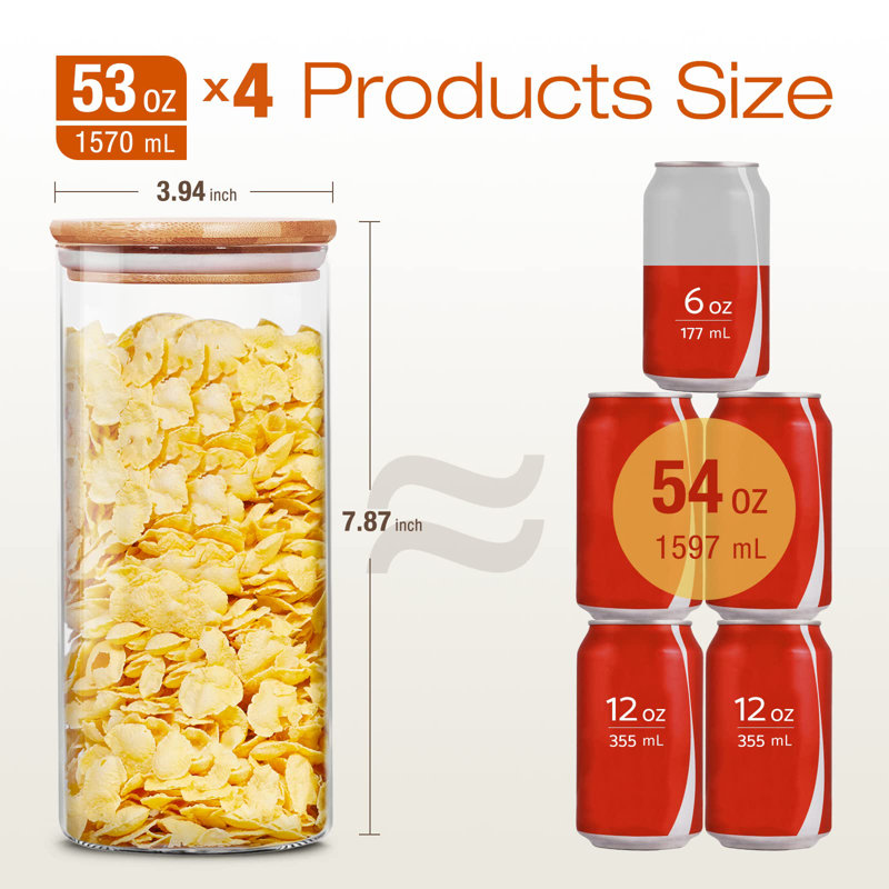 Bocaux en verre avec couvercle en bambou 53 FL OZ [Ensemble de 4], contenants en verre avec couvercles hermétiques, contenants en verre pour aliments