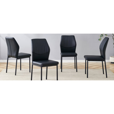 Luxury Simple Chair - Set Of 6 White PU Material High Resilience Dining Chair With Metal Black Leg.The Chair Back Has A Vertical Stripe Design With Smooth And Uniform Lines.