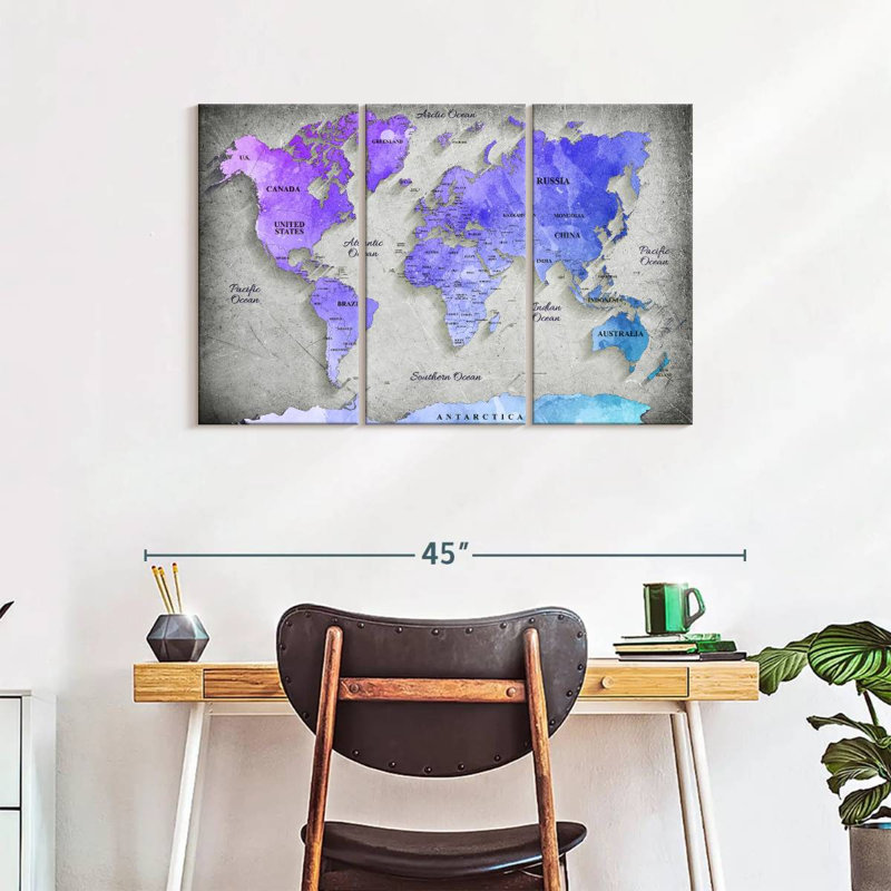 " Hued World Map " by Globetrotter Studio 3 - Pieces, 24" H x 38" W x 1.25" D