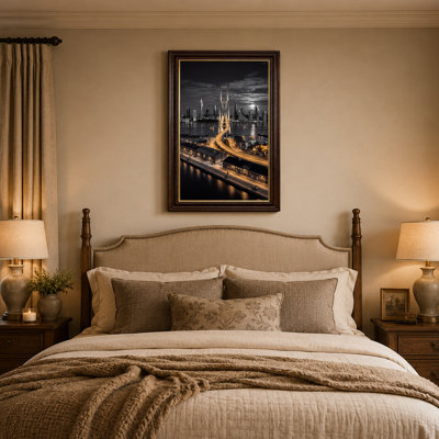 Illuminated Suspension Bridge And City Skyline At Night Canvas Wall Art