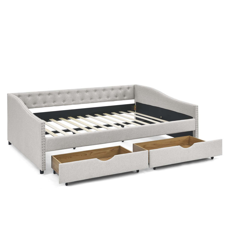 Upholstered Tufted Daybed With Drawers, Button On Back And Copper Nail On Waved Shape Arms, Queen, Beige