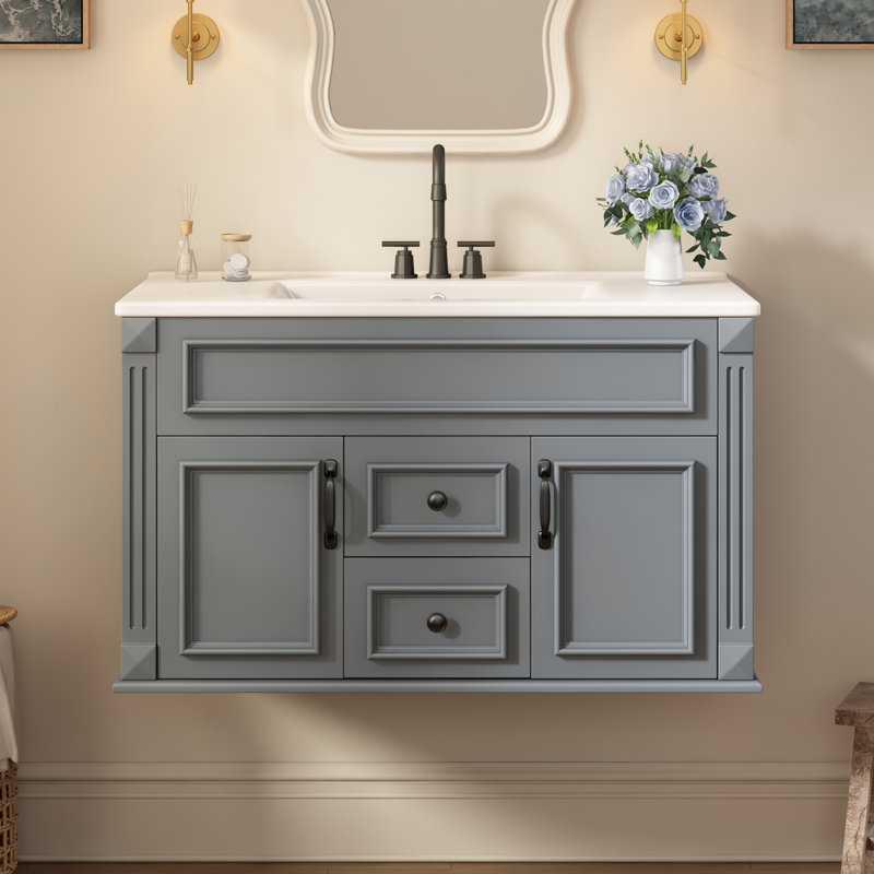 Meuble-lavabo mural 36 po avec lavabo en céramique, style français simple, tiroirs à fermeture en douceur et compartiments de rangement