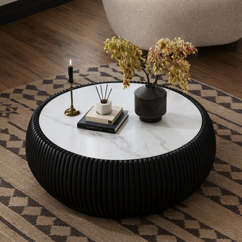 Table basse hybride en cuir et marbre, Black
