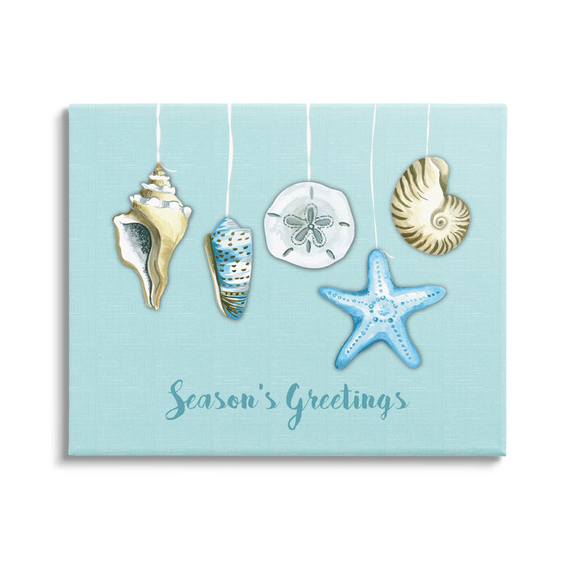 «Season's Greetings Festive Beach Holiday Seashells Hanging», estampe numérique encadrée noire, H 24 po x l 30 po x P 1,5 po