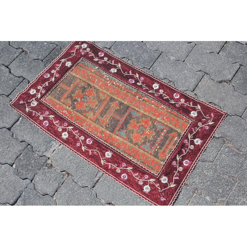 Vintage Small Turkish Anatolian Rug - Woolen Bathroom Decor in Vibrant Red Oushak Style