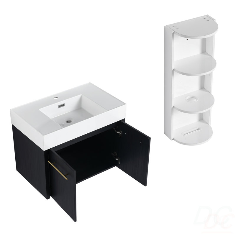 Meuble-lavabo mural de 30 po avec lavabo et support de rangement, lavabo en résine à rebords épais, ensemble KD, 30"