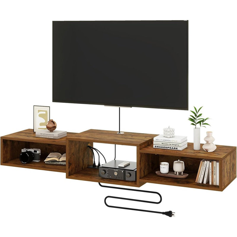 Meuble télé flottant mural avec prise de courant, tablette média brun rustique pour rangement sous la télé