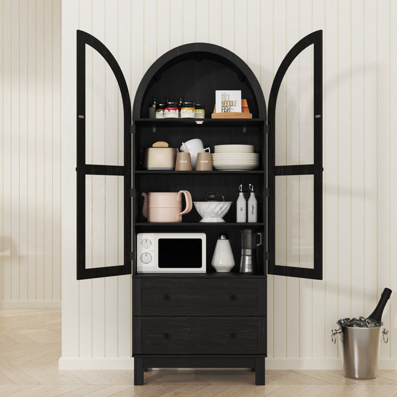 Garde-manger arqué de 71 po de hauteur, armoire de rangement Kitchens Pantry avec 2 grands tiroirs et tablettes réglables, armoire de style campagne moderne et polyvalente pour la cuisine, la salle à manger, la salle de bain, noir