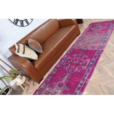 Handwoven Turkish Herki Runner Rug in Vibrant Pink for Kitchen and Hallway Decor - Antique Wool Floor Covering