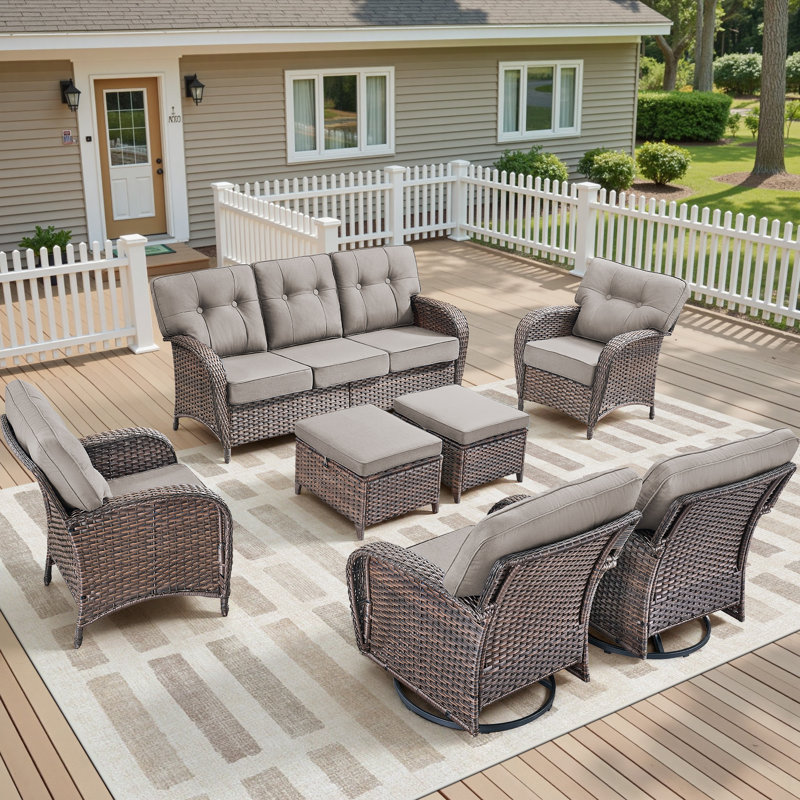 7-Piece Patio Furniture Set, All-Weather Outdoor Seating Set With Swivel Glider Chairs & Ottomans, Gray