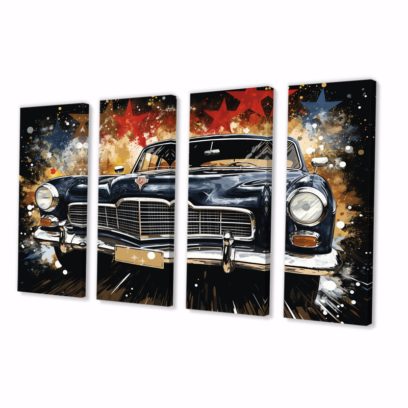 «Black American Classic American Car - Car Old American», art mural 4 pièces, H 32 po x l 64 po