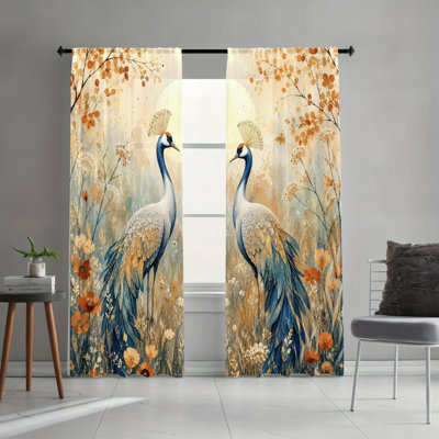 2 Panels Light Filtering Curtains, Elegant Crane Floral Nature Bohemian Landscape Art Print Home Decor, Easy Hang Rod Pocket Design, All Season Window Drapes for Living Room Bedroom Dormitory Decoration