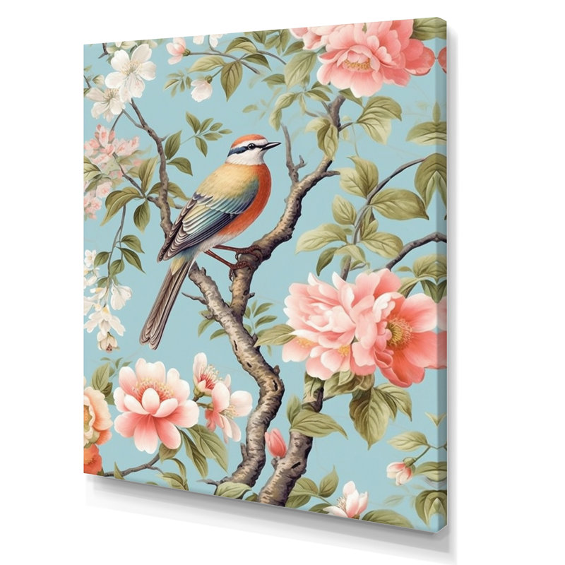 Minimalisme, oiseau sur fleurs III, impression sur toile, H 16 po x l 16 po x P 1 po, Toile tendue