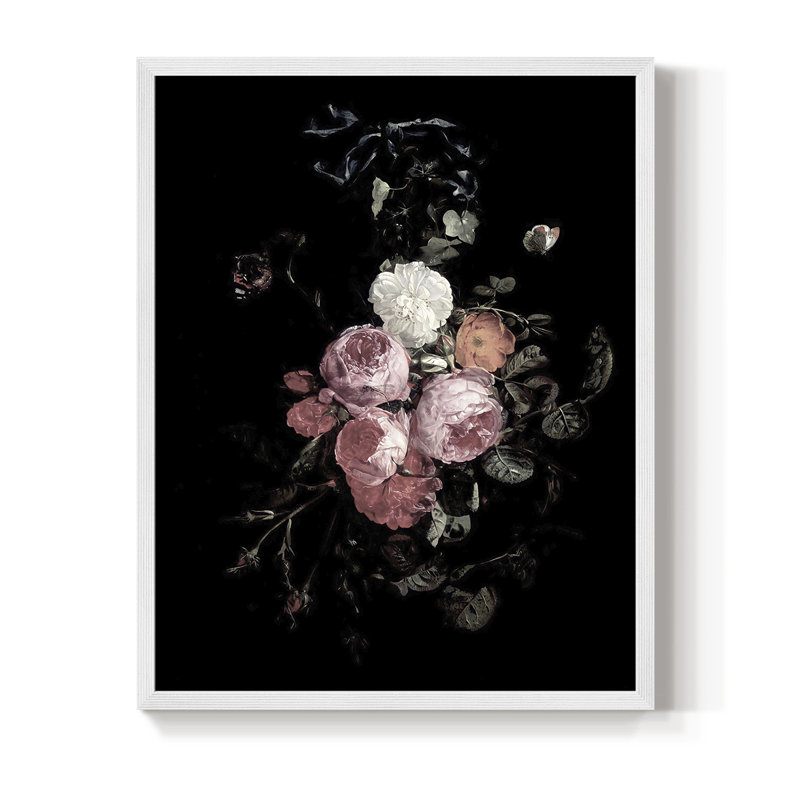 Reproduction florale rétro encadrée XCV - bois massif, H 11 po x l 9 po, Blanc