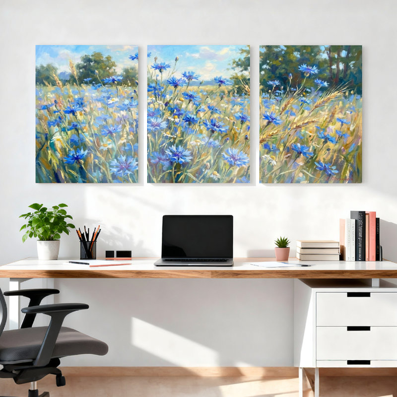 Bleu champ de bleuet, ensemble de 3 reproductions d'art sur toile tendue sur toile tendue pour salon, H 18 po x l 36 po