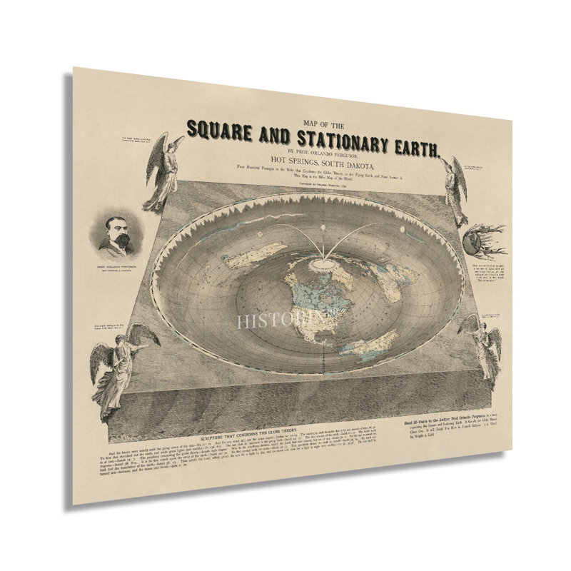 1893 Flat Earth Map of the World sur papier, H 18 po x l 24 po