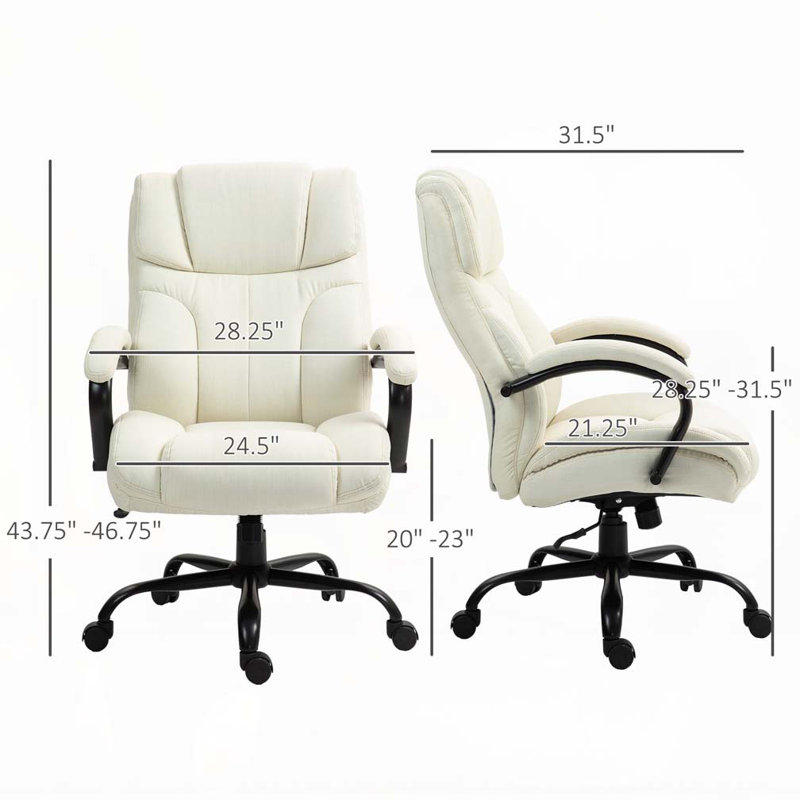 Grand et grand fauteuil de bureau Vinsetto de 500 lb avec siège large, fauteuil de direction pour ordinateur avec hauteur réglable, roues pivotantes et finition en lin, blanc crème