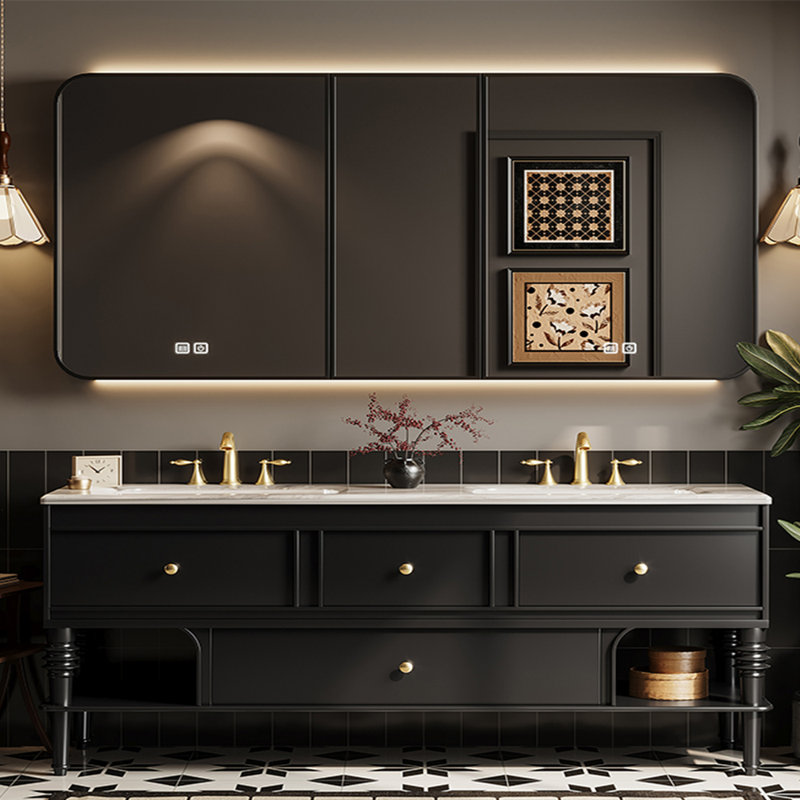 French style retro bathroom cabinet., 33.46" H x 70.87" W x 21.65" D, Black