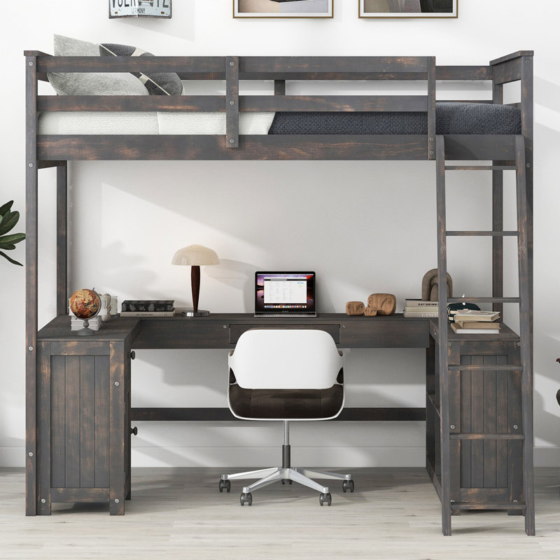 Lit mezzanine double avec bureau en U, Brun antique