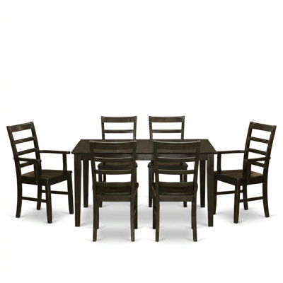 Ensemble table et chaises de salle à manger rectangulaires en bois massif couleur cappuccino, avec 6 chaises en bois massif.