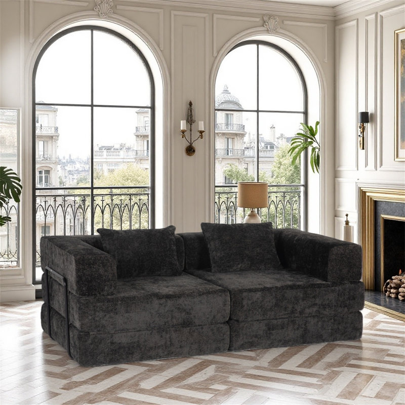 Canapé convertible en tissu chenille 2 places sans os, Noir