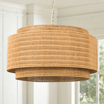Lustre tambour en rotin moderne tissé à la main à 4 lumières de 28 po de largeur avec métal en laiton poli pour la salle à manger ou la chambre à coucher