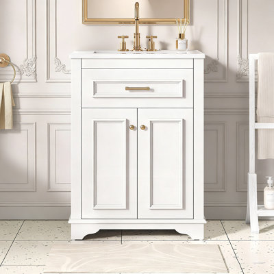 Sleek Space-Saving Bathroom Vanity with Ceramic Sink and Spacious Storage, Ideal for Small Bathrooms and Modern Decor.