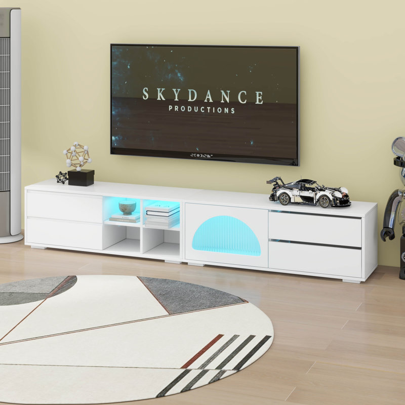Meuble télé moderne à DEL, console multimédia avec porte en verre cannelé et 2 tiroirs, Blanc