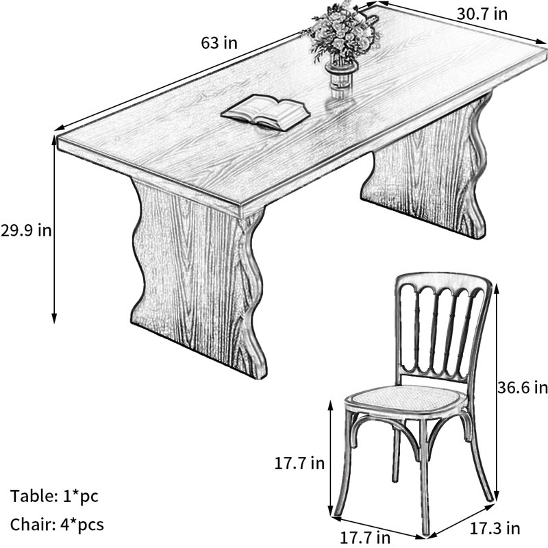Ensemble de salle à manger Black Wood, H 29,9 po x L 63 po x l 30,7 po
