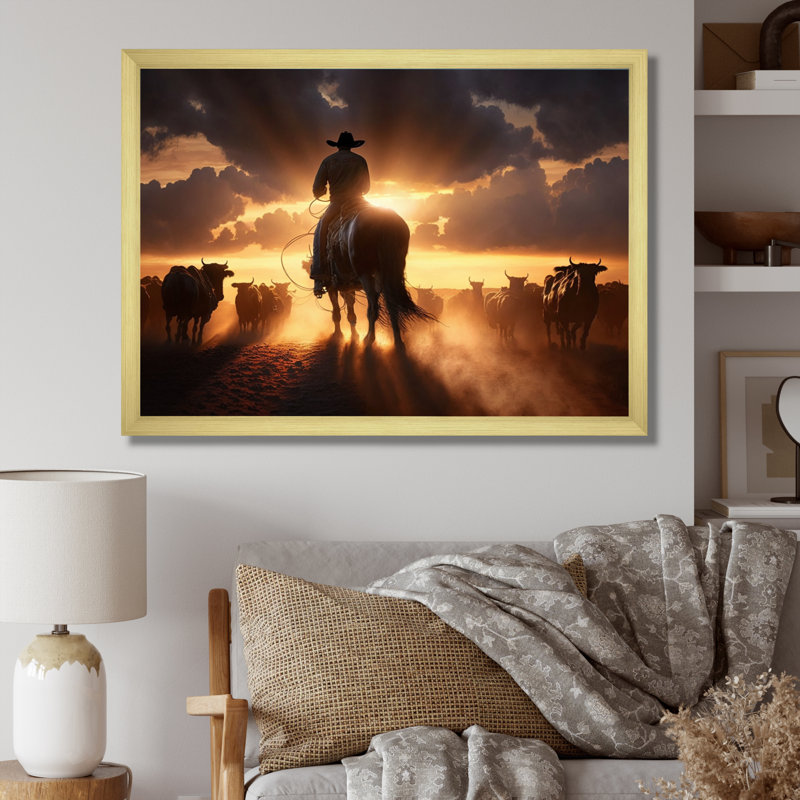 Narvin Wrangler In Sunset IV - art mural coucher de soleil, Cadre doré simple, H 24 po x l 32 po x P 1 po